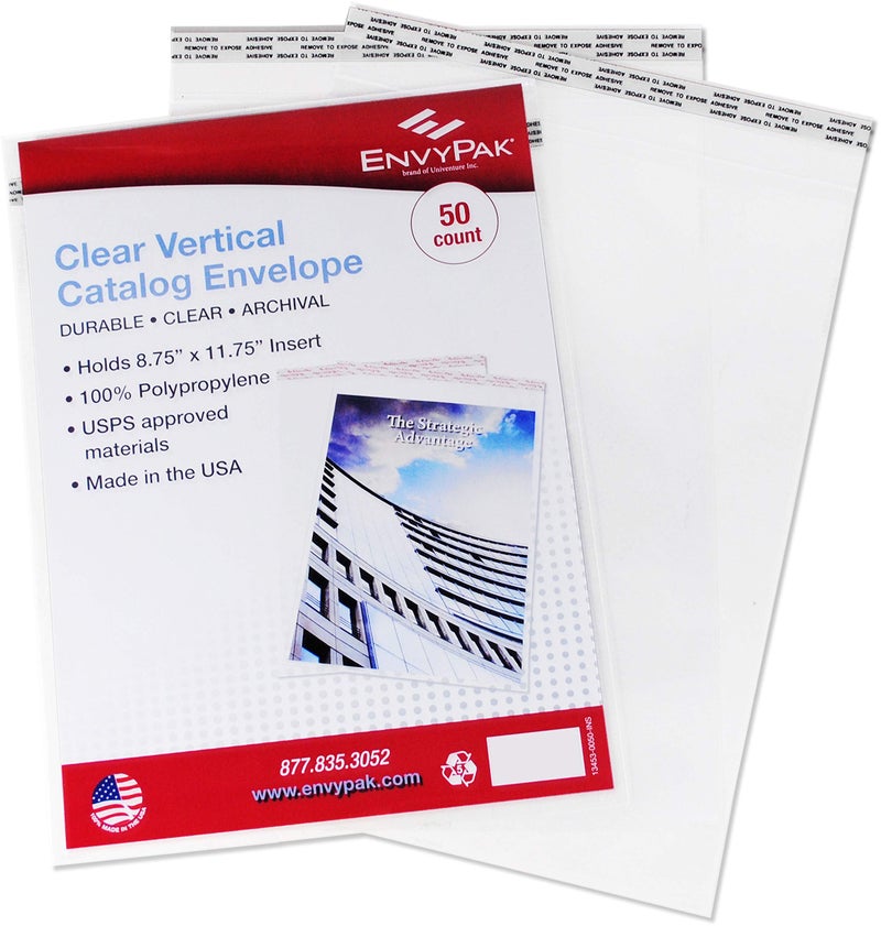 EnvyPak Clear Catalog Envelope - Vertical Style -Permanent Peel and Seal Closure Holds 8.5â€³ x 11â€³ Insert - Box of 50 - Image 1